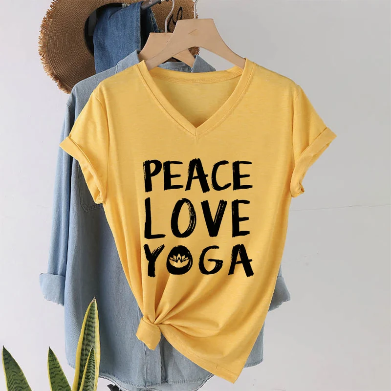 Olivenorma Peace Love Lotus Yoga Text Graphic Damen-T-Shirt mit V-Ausschnitt