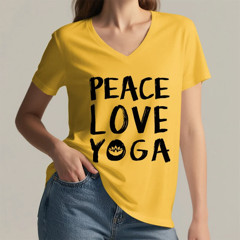 Olivenorma Peace Love Lotus Yoga Text Graphic Damen-T-Shirt mit V-Ausschnitt