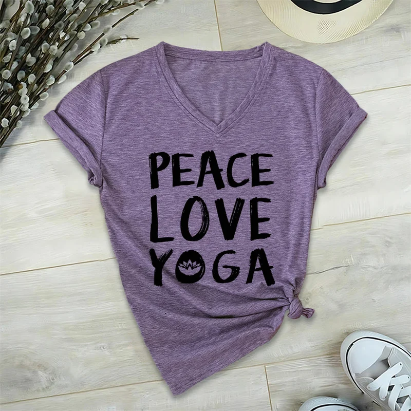 Olivenorma Peace Love Lotus Yoga Text Graphic Damen-T-Shirt mit V-Ausschnitt