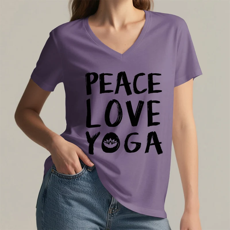 Olivenorma Peace Love Lotus Yoga Text Graphic Damen-T-Shirt mit V-Ausschnitt