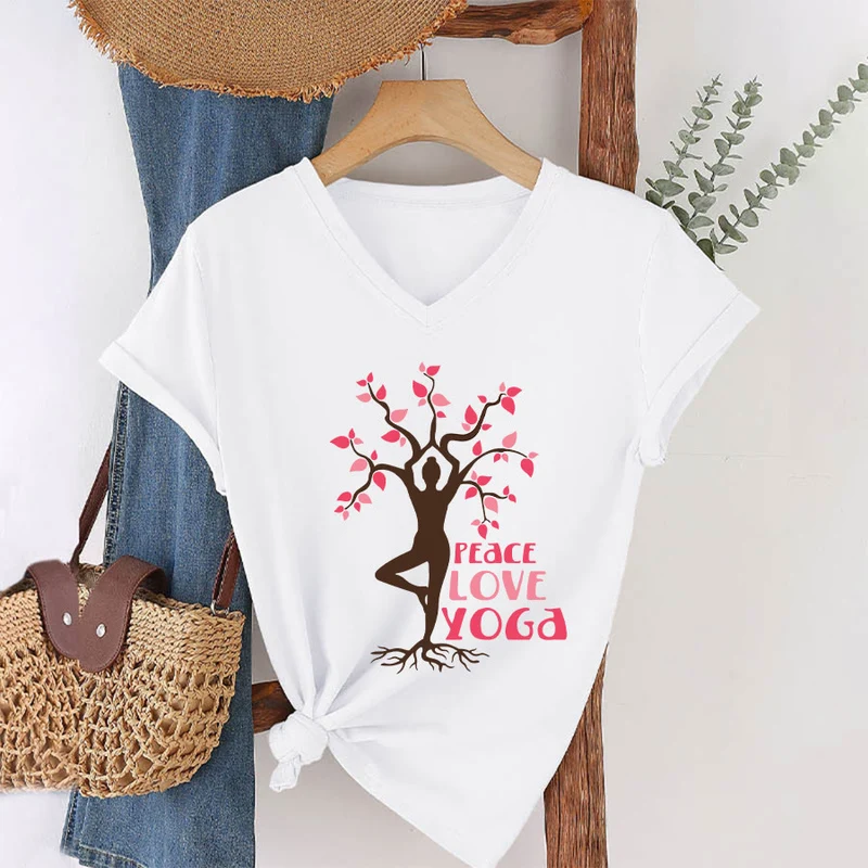 Olivenorma Peace Love Yoga Tree Pose Tree Of Life Graphic Damen-T-Shirt mit V-Ausschnitt