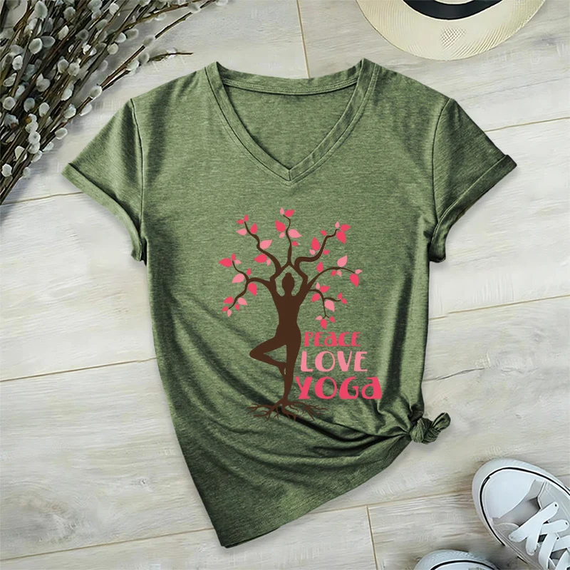 Olivenorma Peace Love Yoga Tree Pose Tree Of Life Graphic Damen-T-Shirt mit V-Ausschnitt