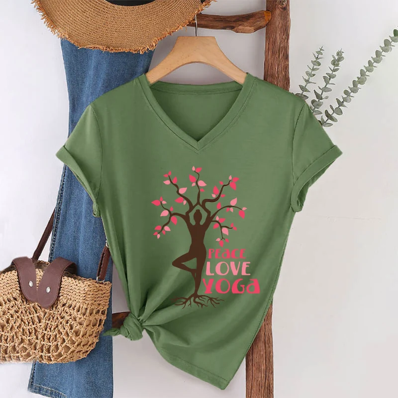 Olivenorma Peace Love Yoga Tree Pose Tree Of Life Graphic Damen-T-Shirt mit V-Ausschnitt