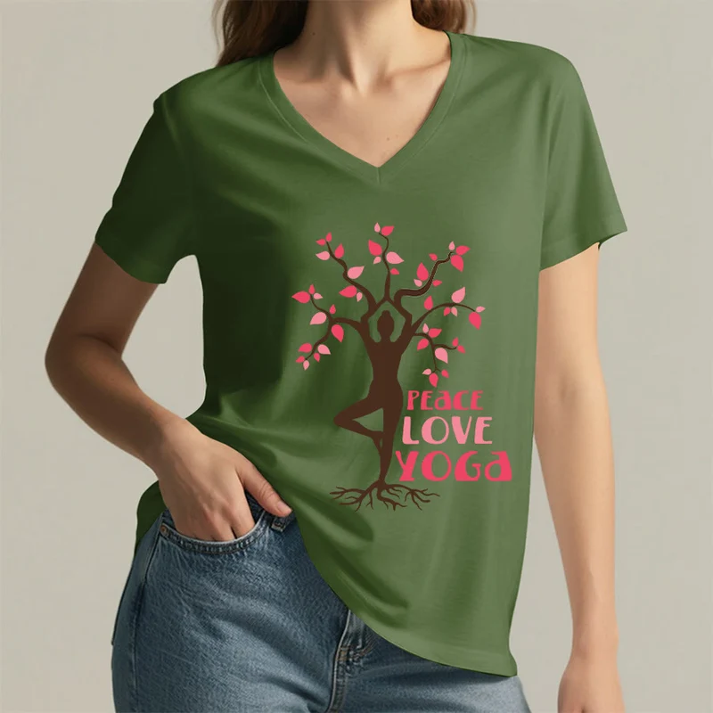 Olivenorma Peace Love Yoga Tree Pose Tree Of Life Graphic Damen-T-Shirt mit V-Ausschnitt