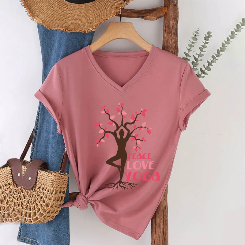 Olivenorma Peace Love Yoga Tree Pose Tree Of Life Graphic Damen-T-Shirt mit V-Ausschnitt