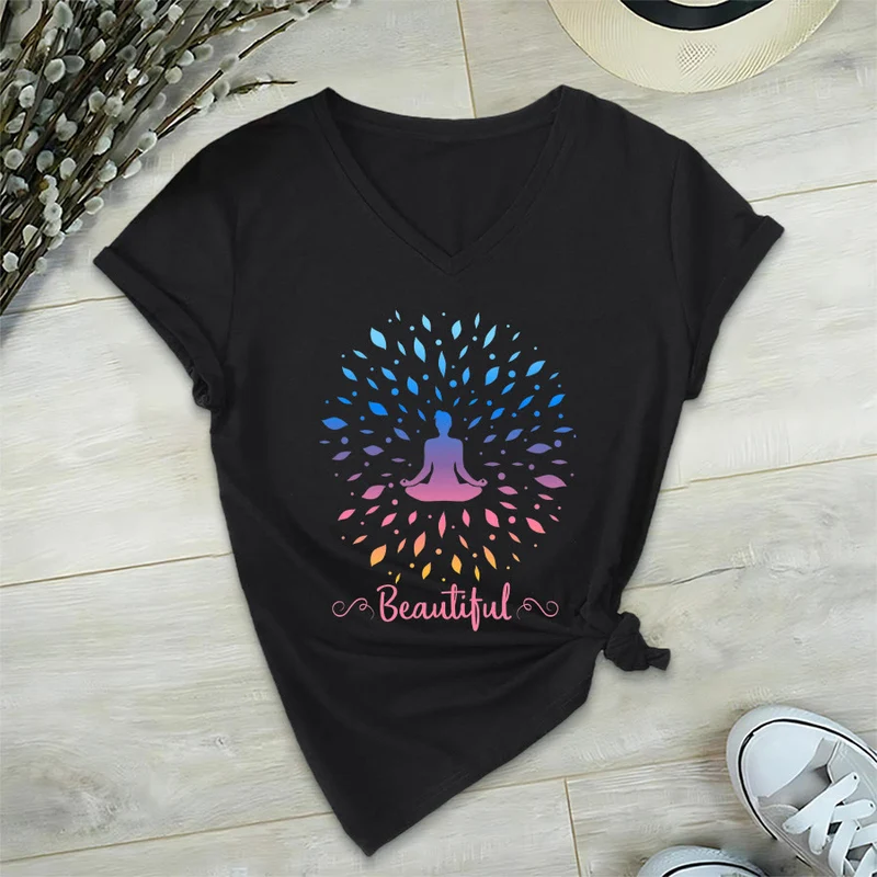 Olivenorma Farbverlauf-Blatt-Mandala-Meditationsfigur, wunderschönes Schriftbild, Damen-T-Shirt mit V-Ausschnitt