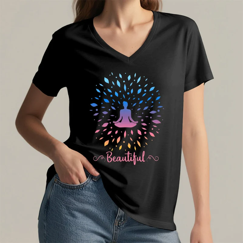 Olivenorma Farbverlauf-Blatt-Mandala-Meditationsfigur, wunderschönes Schriftbild, Damen-T-Shirt mit V-Ausschnitt