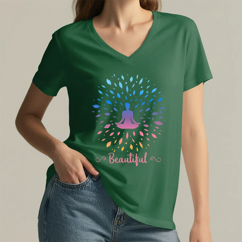 Olivenorma Farbverlauf-Blatt-Mandala-Meditationsfigur, wunderschönes Schriftbild, Damen-T-Shirt mit V-Ausschnitt