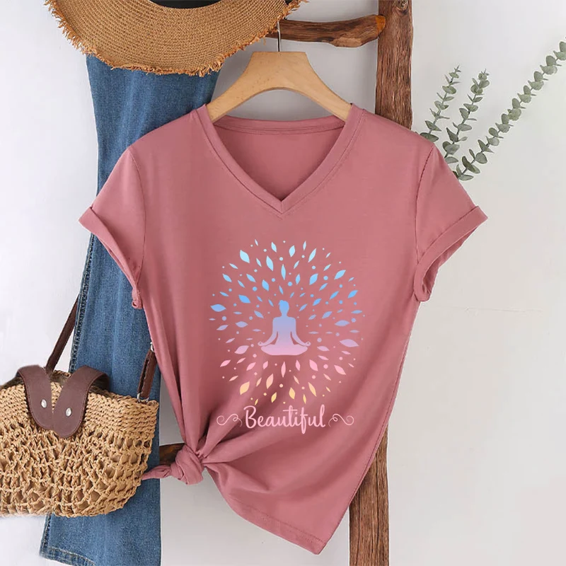 Olivenorma Farbverlauf-Blatt-Mandala-Meditationsfigur, wunderschönes Schriftbild, Damen-T-Shirt mit V-Ausschnitt