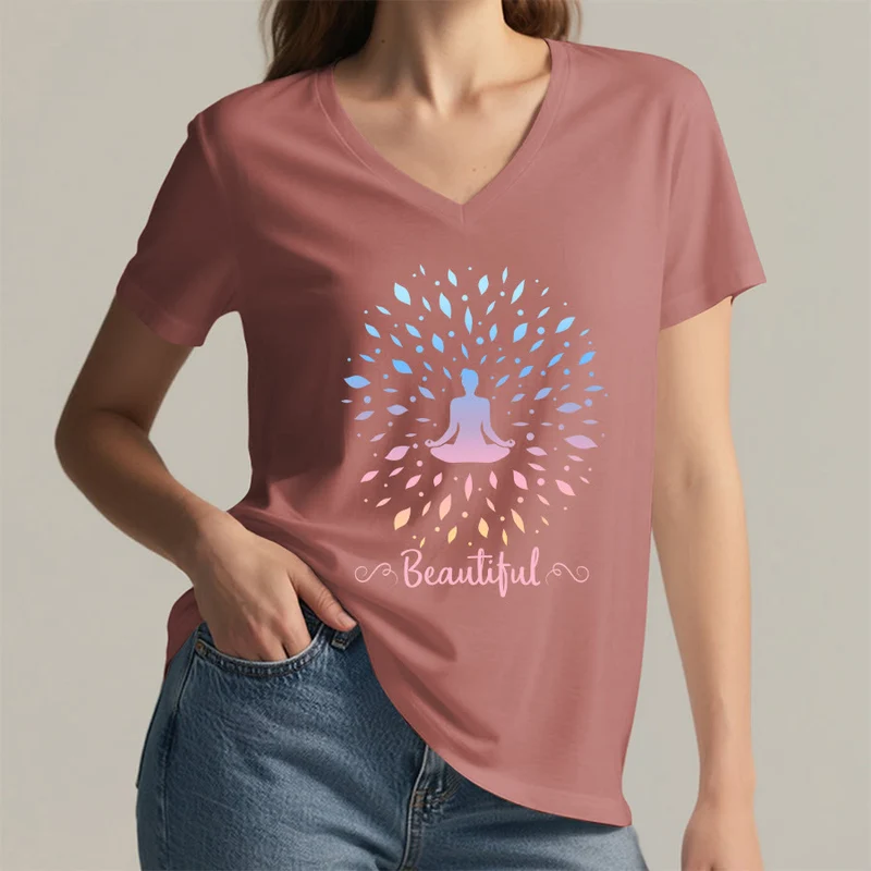 Olivenorma Farbverlauf-Blatt-Mandala-Meditationsfigur, wunderschönes Schriftbild, Damen-T-Shirt mit V-Ausschnitt