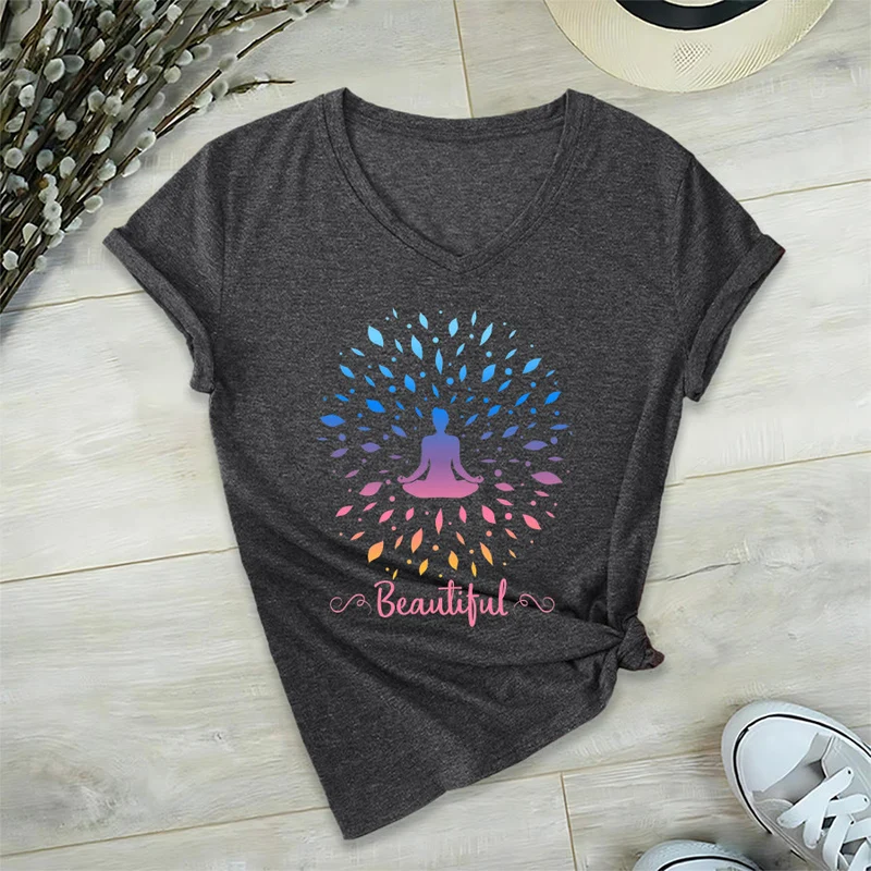 Olivenorma Farbverlauf-Blatt-Mandala-Meditationsfigur, wunderschönes Schriftbild, Damen-T-Shirt mit V-Ausschnitt
