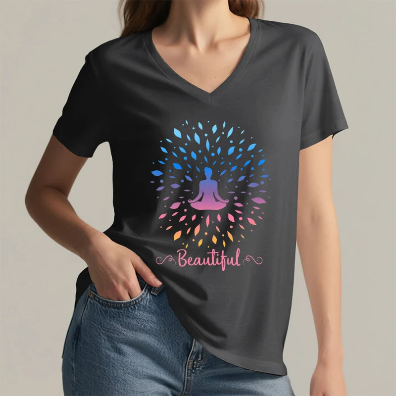 Olivenorma Farbverlauf-Blatt-Mandala-Meditationsfigur, wunderschönes Schriftbild, Damen-T-Shirt mit V-Ausschnitt