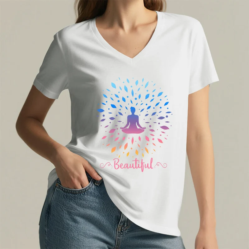 Olivenorma Farbverlauf-Blatt-Mandala-Meditationsfigur, wunderschönes Schriftbild, Damen-T-Shirt mit V-Ausschnitt