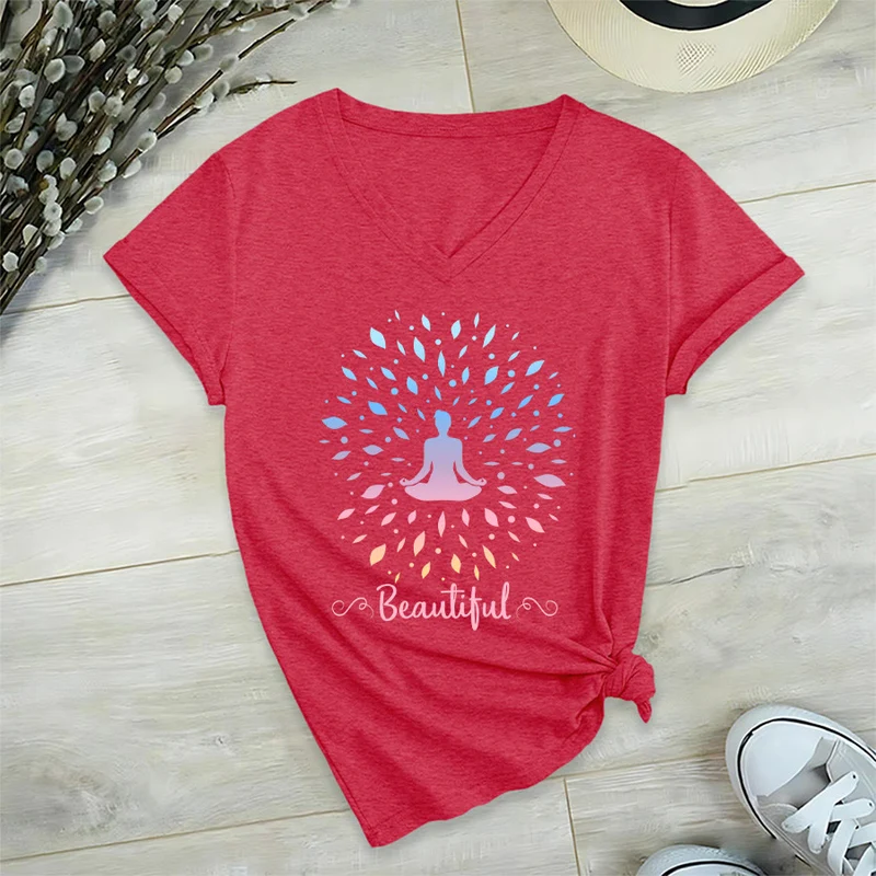 Olivenorma Farbverlauf-Blatt-Mandala-Meditationsfigur, wunderschönes Schriftbild, Damen-T-Shirt mit V-Ausschnitt