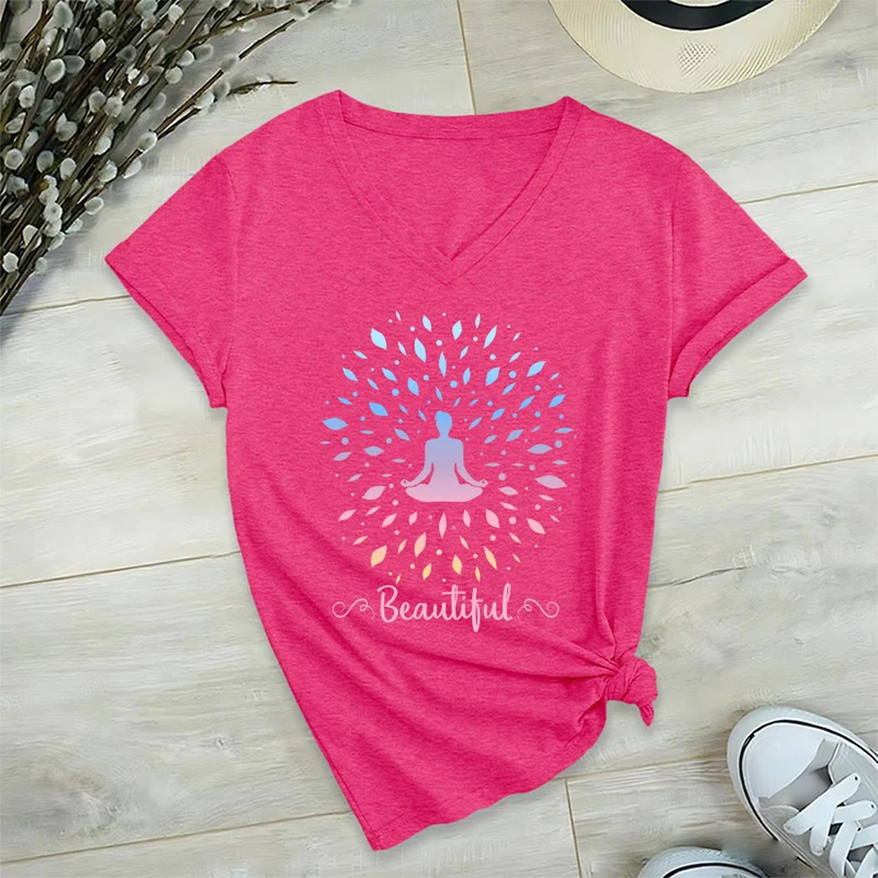 Olivenorma Farbverlauf-Blatt-Mandala-Meditationsfigur, wunderschönes Schriftbild, Damen-T-Shirt mit V-Ausschnitt