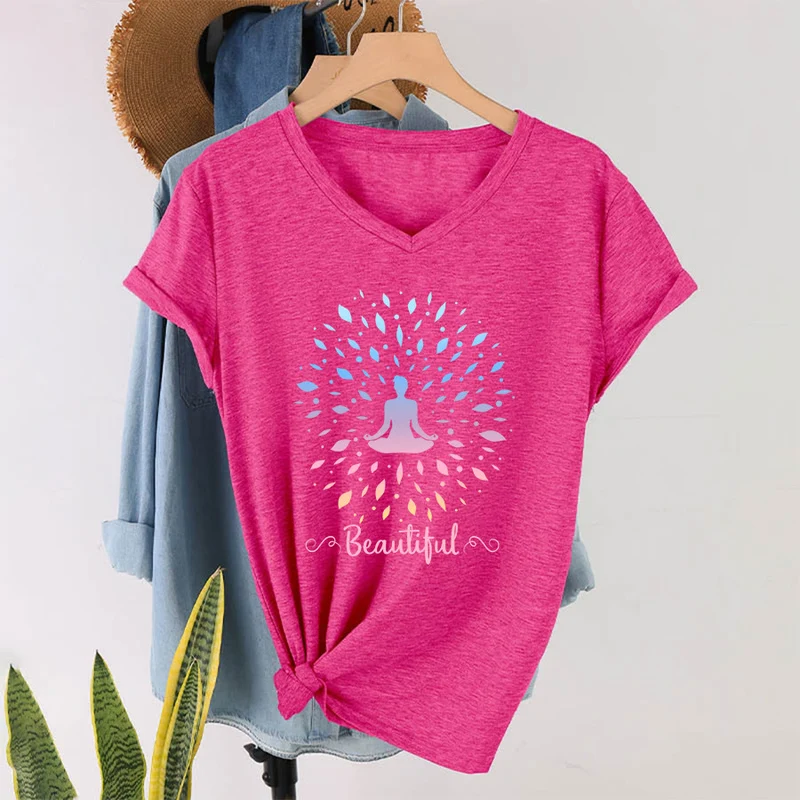 Olivenorma Farbverlauf-Blatt-Mandala-Meditationsfigur, wunderschönes Schriftbild, Damen-T-Shirt mit V-Ausschnitt