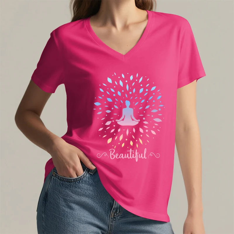 Olivenorma Farbverlauf-Blatt-Mandala-Meditationsfigur, wunderschönes Schriftbild, Damen-T-Shirt mit V-Ausschnitt