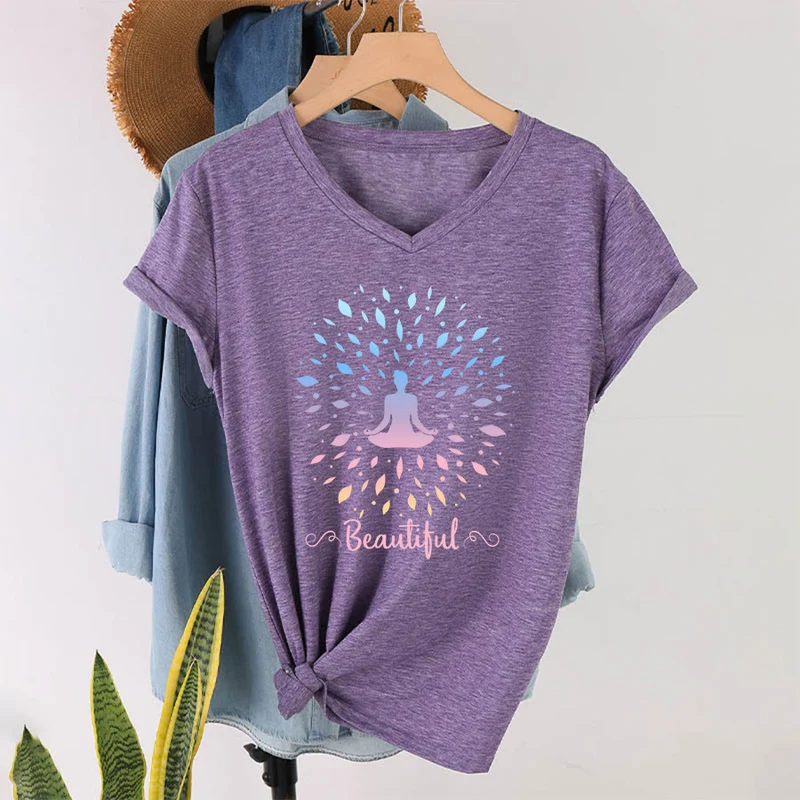 Olivenorma Farbverlauf-Blatt-Mandala-Meditationsfigur, wunderschönes Schriftbild, Damen-T-Shirt mit V-Ausschnitt