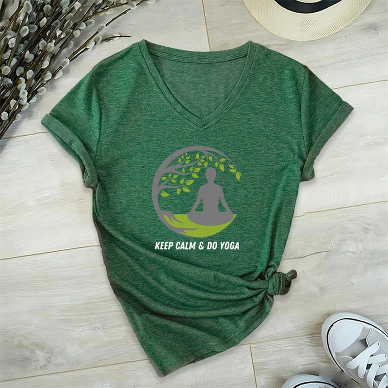 Olivenorma Keep Calm & Do Yoga Runder Baum Meditationsfigur Grafik Damen V-Ausschnitt T-Shirt