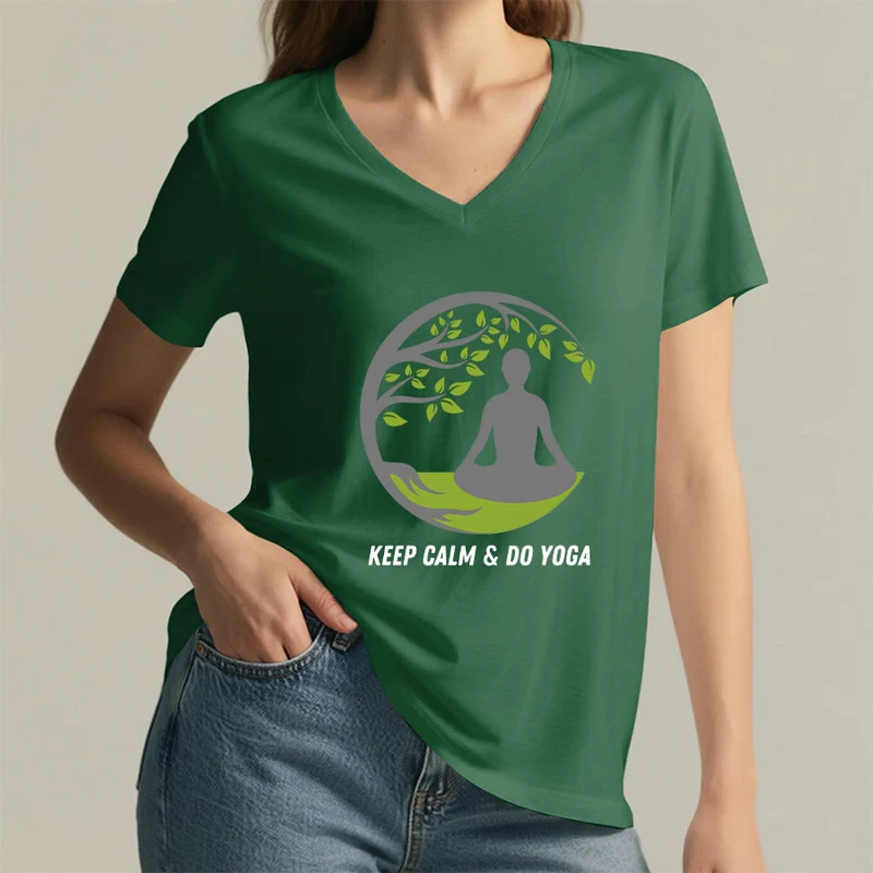 Olivenorma Keep Calm & Do Yoga Runder Baum Meditationsfigur Grafik Damen V-Ausschnitt T-Shirt