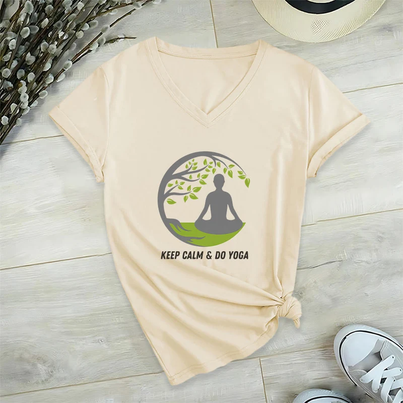 Olivenorma Keep Calm & Do Yoga Runder Baum Meditationsfigur Grafik Damen V-Ausschnitt T-Shirt