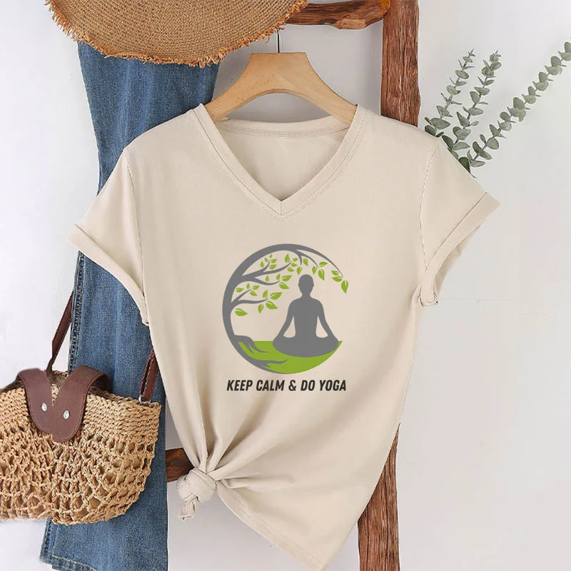Olivenorma Keep Calm & Do Yoga Runder Baum Meditationsfigur Grafik Damen V-Ausschnitt T-Shirt