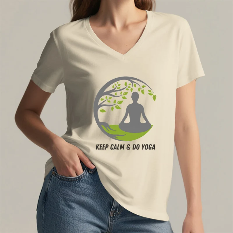 Olivenorma Keep Calm & Do Yoga Runder Baum Meditationsfigur Grafik Damen V-Ausschnitt T-Shirt
