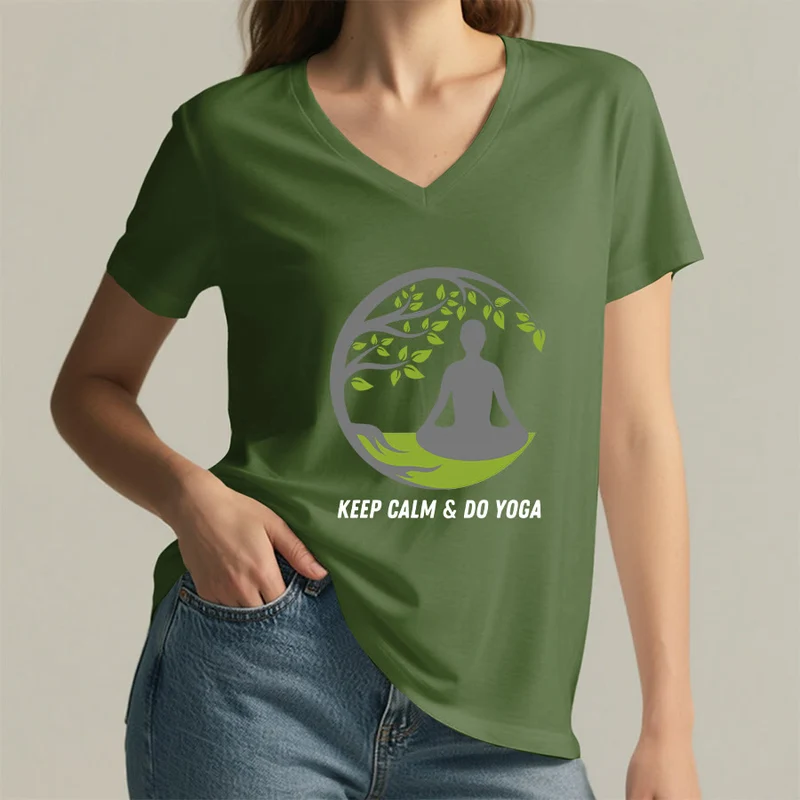 Olivenorma Keep Calm & Do Yoga Runder Baum Meditationsfigur Grafik Damen V-Ausschnitt T-Shirt