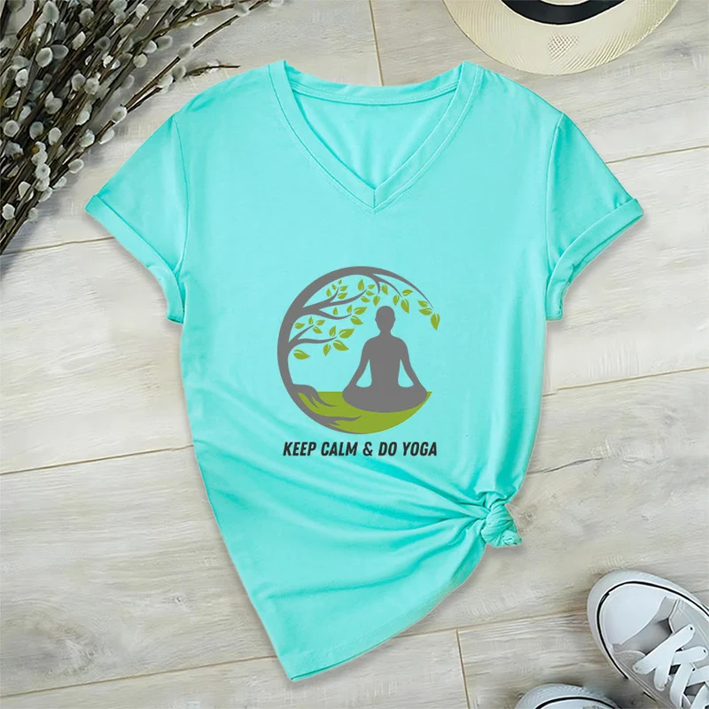 Olivenorma Keep Calm & Do Yoga Runder Baum Meditationsfigur Grafik Damen V-Ausschnitt T-Shirt