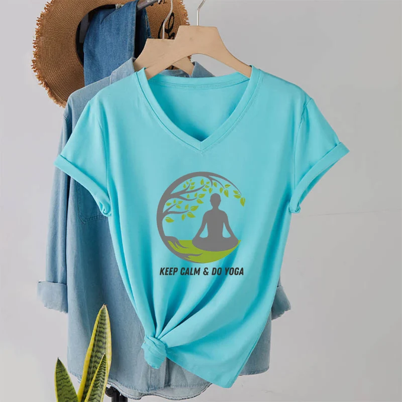 Olivenorma Keep Calm & Do Yoga Runder Baum Meditationsfigur Grafik Damen V-Ausschnitt T-Shirt