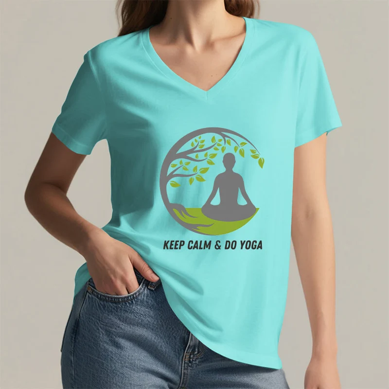 Olivenorma Keep Calm & Do Yoga Runder Baum Meditationsfigur Grafik Damen V-Ausschnitt T-Shirt