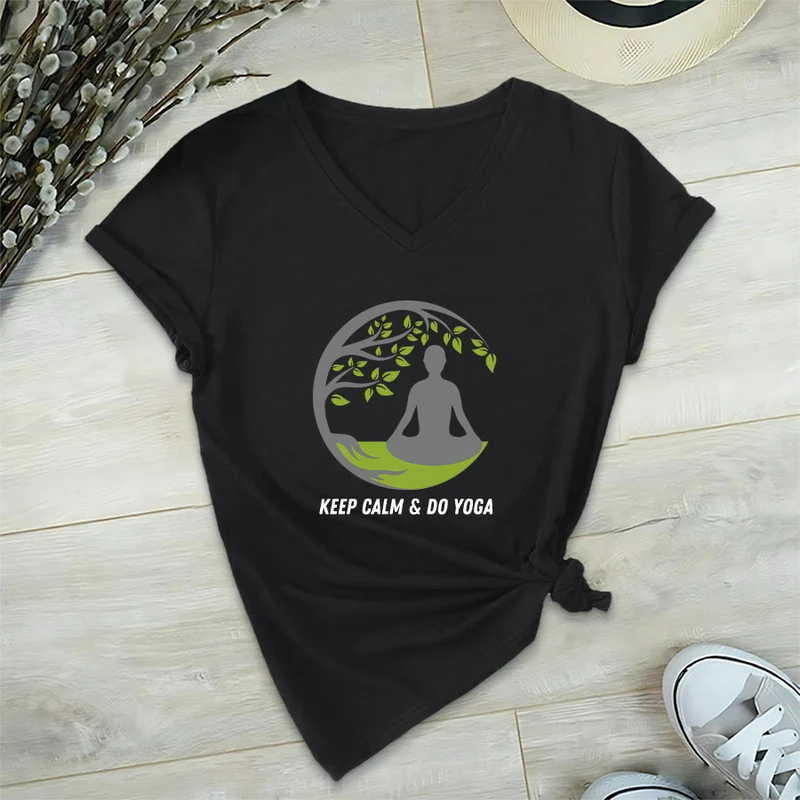 Olivenorma Keep Calm & Do Yoga Runder Baum Meditationsfigur Grafik Damen V-Ausschnitt T-Shirt