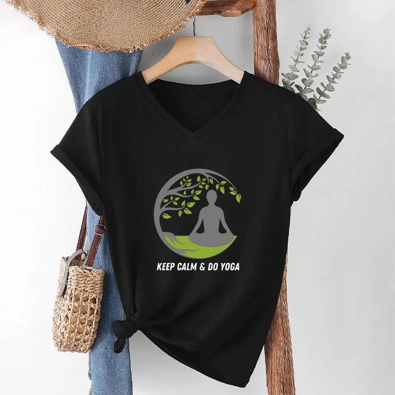 Olivenorma Keep Calm & Do Yoga Runder Baum Meditationsfigur Grafik Damen V-Ausschnitt T-Shirt