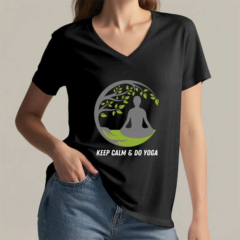 Olivenorma Keep Calm & Do Yoga Runder Baum Meditationsfigur Grafik Damen V-Ausschnitt T-Shirt