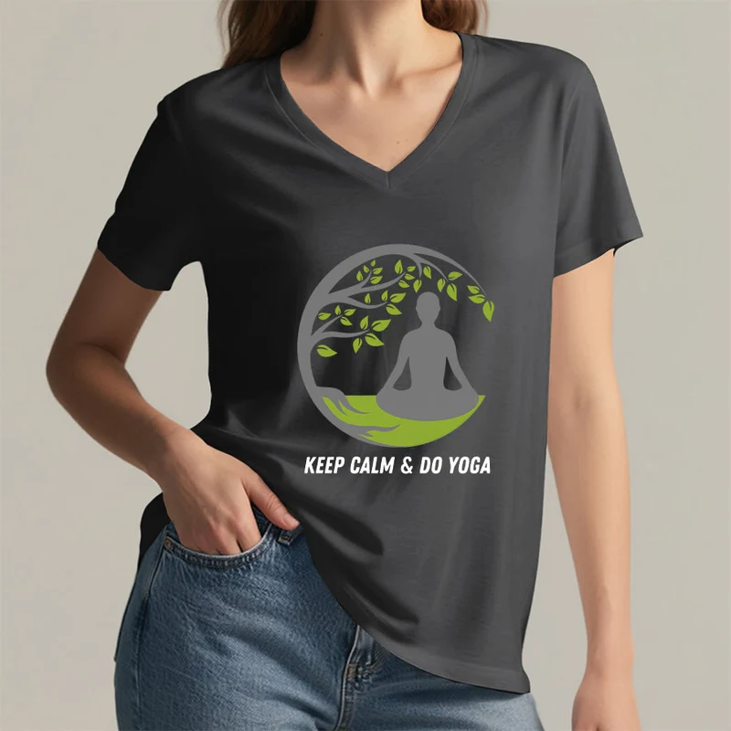 Olivenorma Keep Calm & Do Yoga Runder Baum Meditationsfigur Grafik Damen V-Ausschnitt T-Shirt