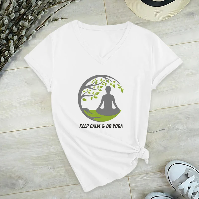 Olivenorma Keep Calm & Do Yoga Runder Baum Meditationsfigur Grafik Damen V-Ausschnitt T-Shirt