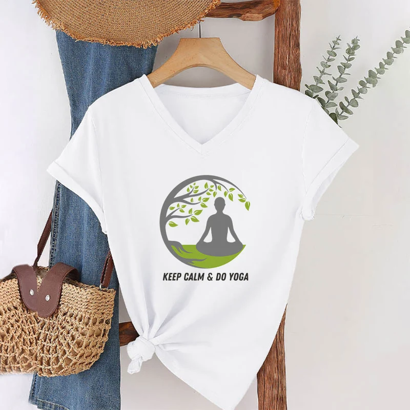 Olivenorma Keep Calm & Do Yoga Runder Baum Meditationsfigur Grafik Damen V-Ausschnitt T-Shirt