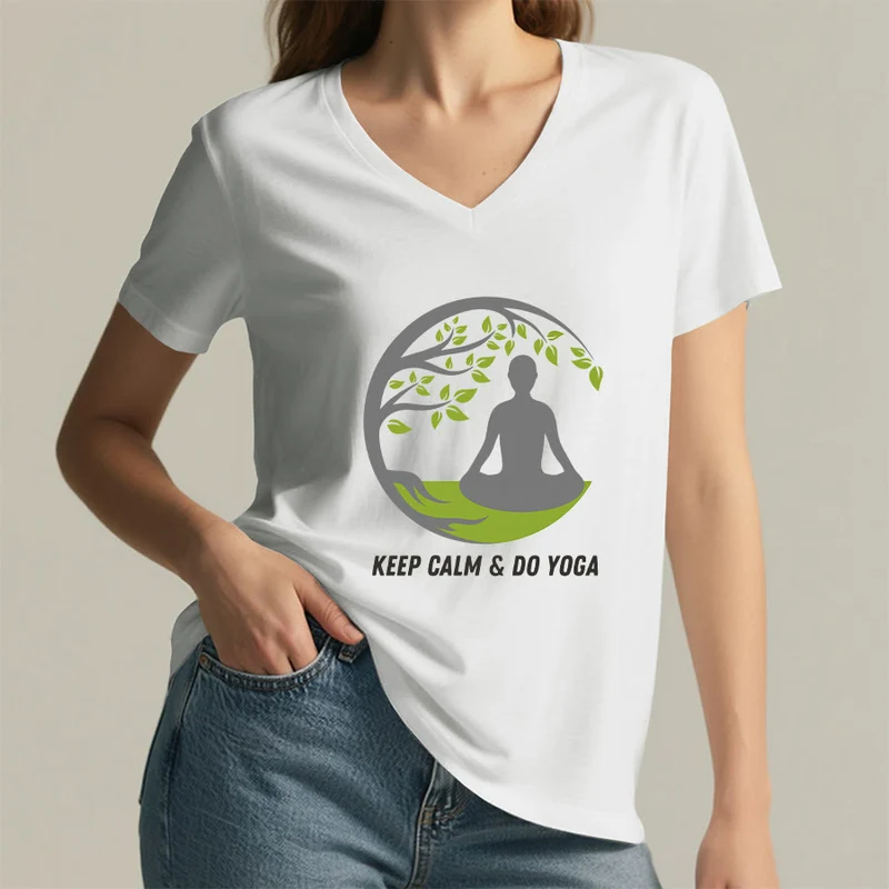 Olivenorma Keep Calm & Do Yoga Runder Baum Meditationsfigur Grafik Damen V-Ausschnitt T-Shirt