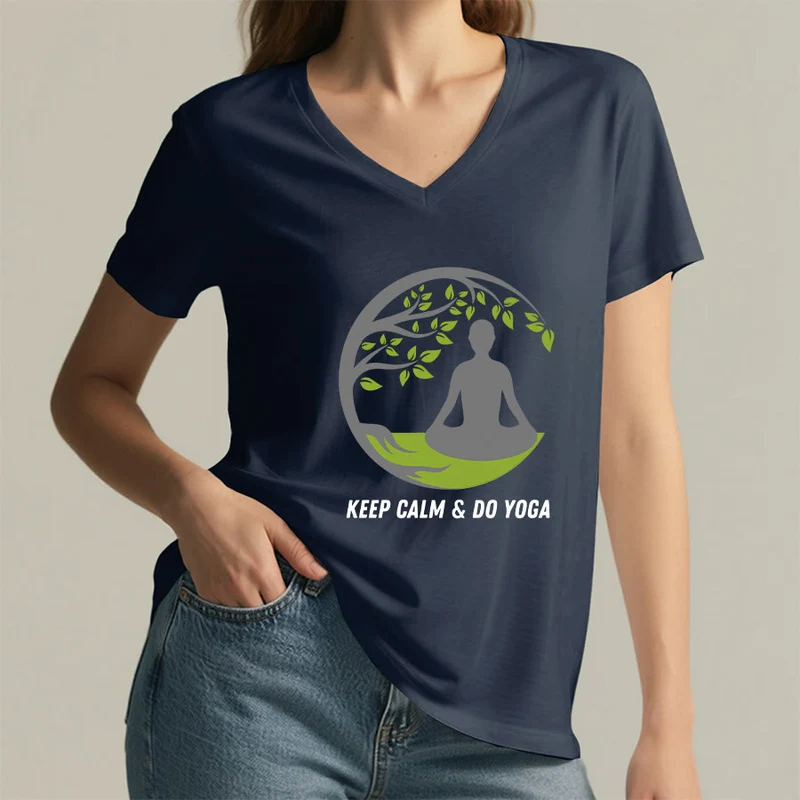Olivenorma Keep Calm & Do Yoga Runder Baum Meditationsfigur Grafik Damen V-Ausschnitt T-Shirt