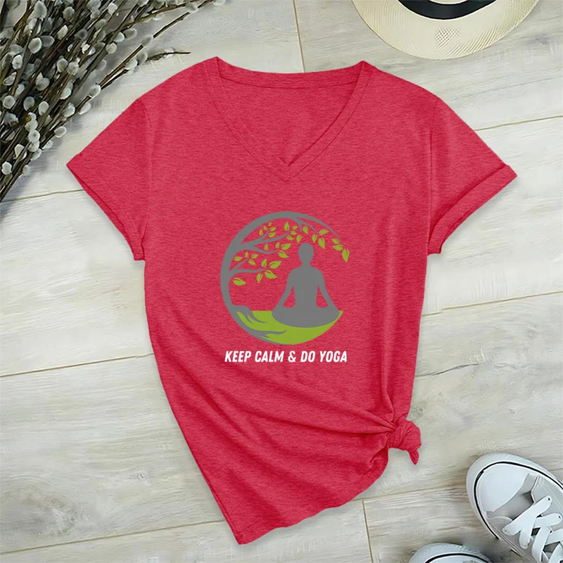 Olivenorma Keep Calm & Do Yoga Runder Baum Meditationsfigur Grafik Damen V-Ausschnitt T-Shirt