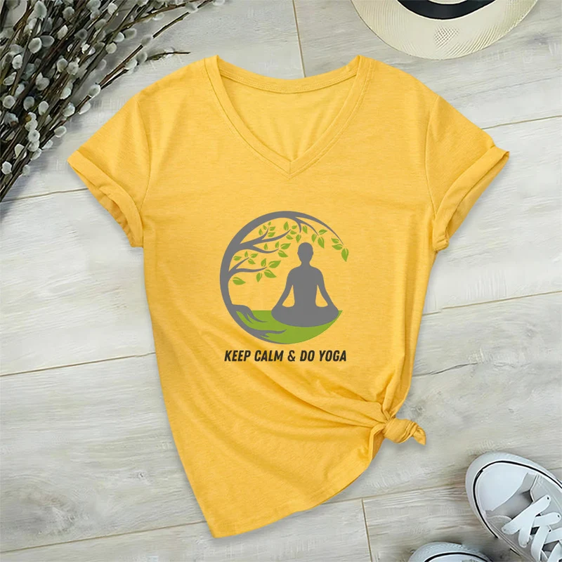 Olivenorma Keep Calm & Do Yoga Runder Baum Meditationsfigur Grafik Damen V-Ausschnitt T-Shirt