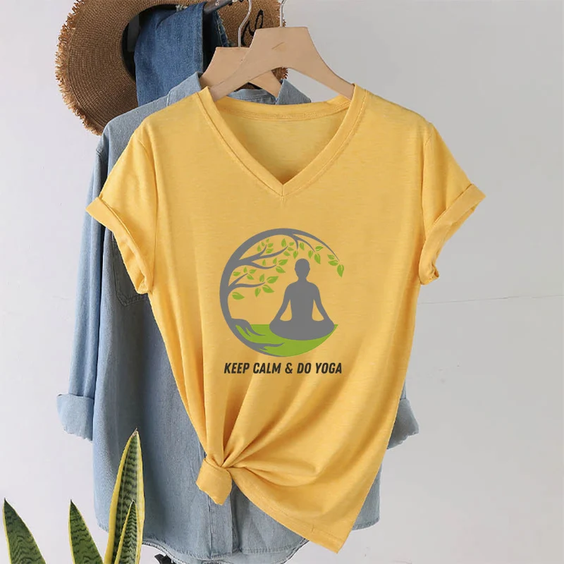 Olivenorma Keep Calm & Do Yoga Runder Baum Meditationsfigur Grafik Damen V-Ausschnitt T-Shirt