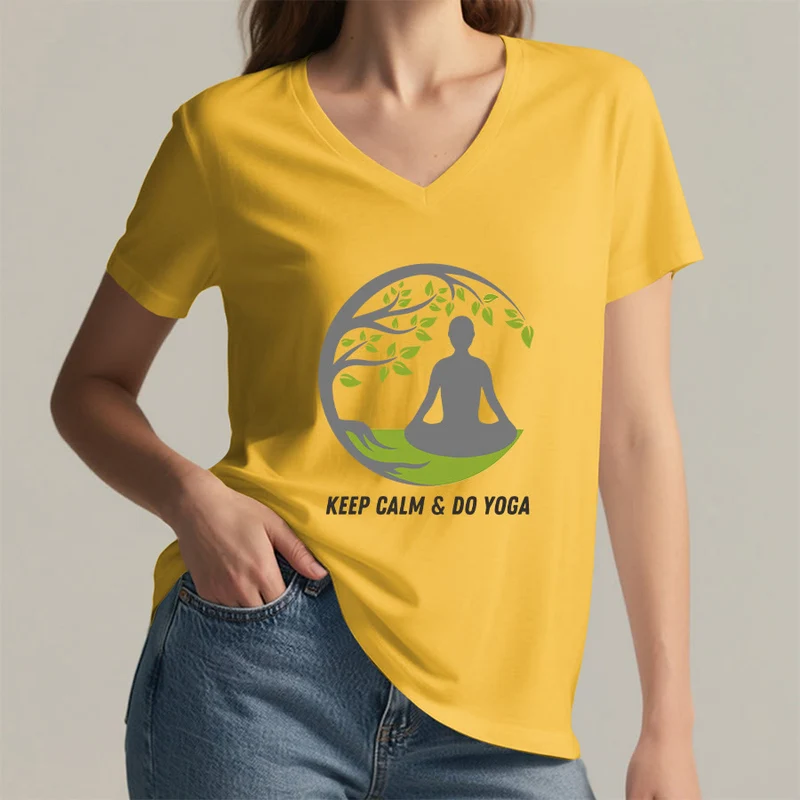 Olivenorma Keep Calm & Do Yoga Runder Baum Meditationsfigur Grafik Damen V-Ausschnitt T-Shirt