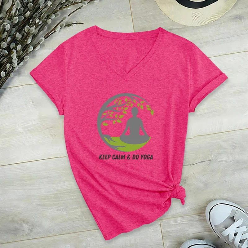 Olivenorma Keep Calm & Do Yoga Runder Baum Meditationsfigur Grafik Damen V-Ausschnitt T-Shirt