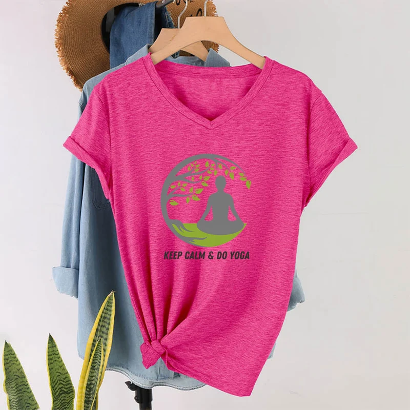 Olivenorma Keep Calm & Do Yoga Runder Baum Meditationsfigur Grafik Damen V-Ausschnitt T-Shirt
