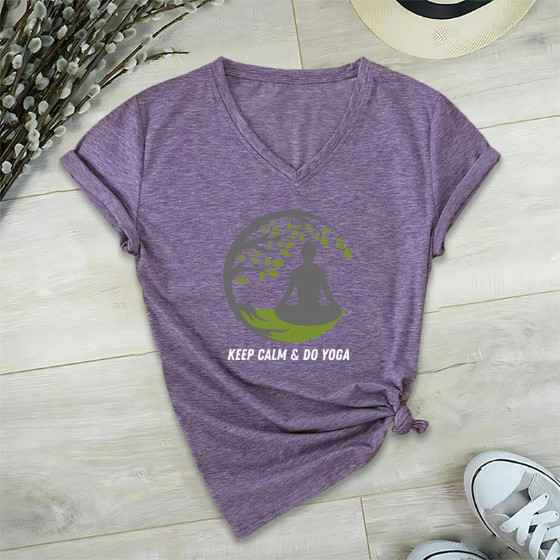 Olivenorma Keep Calm & Do Yoga Runder Baum Meditationsfigur Grafik Damen V-Ausschnitt T-Shirt