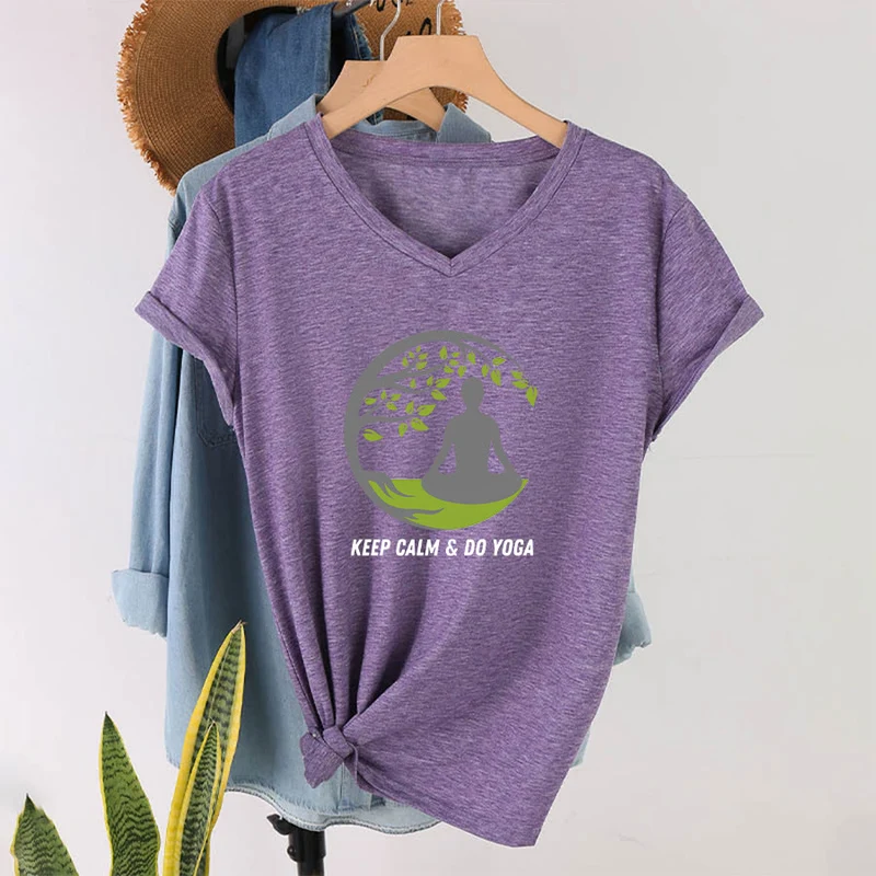 Olivenorma Keep Calm & Do Yoga Runder Baum Meditationsfigur Grafik Damen V-Ausschnitt T-Shirt