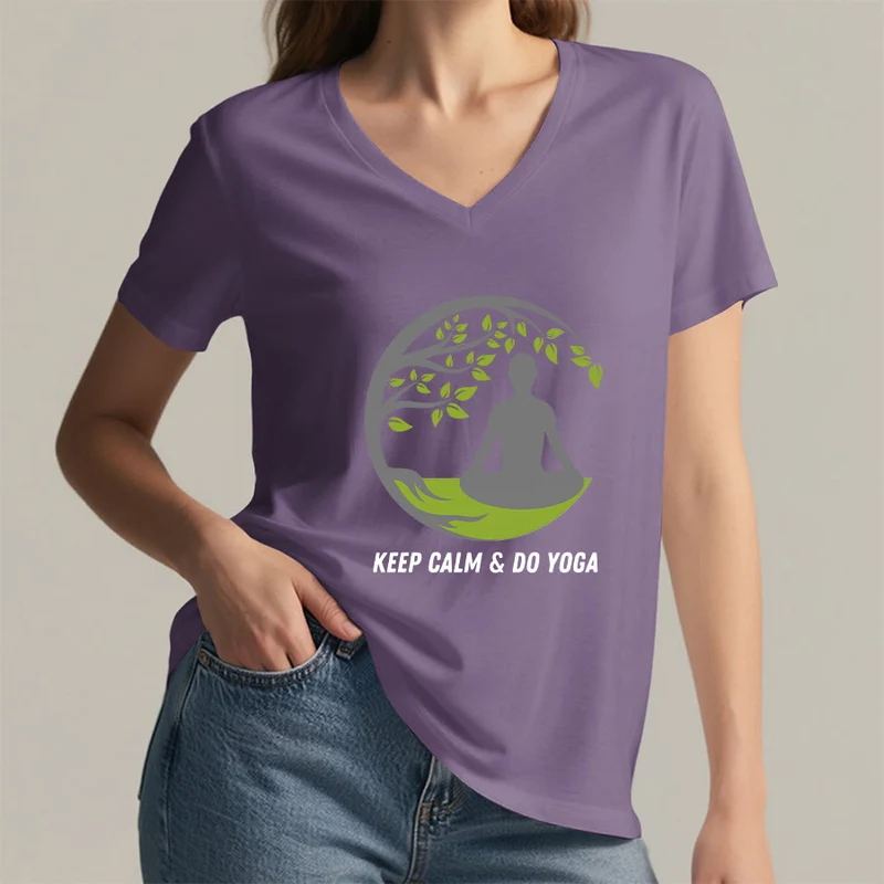 Olivenorma Keep Calm & Do Yoga Runder Baum Meditationsfigur Grafik Damen V-Ausschnitt T-Shirt