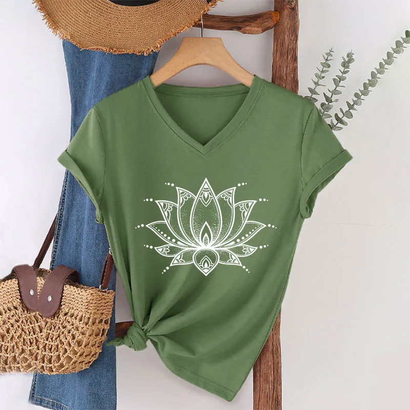Olivenorma Minimal Outline Sacred Lotus Zen Graphic Damen-T-Shirt mit V-Ausschnitt