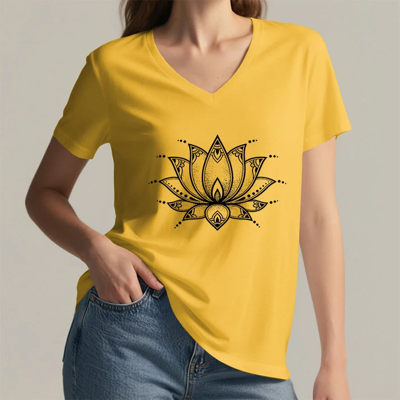 Olivenorma Minimal Outline Sacred Lotus Zen Graphic Damen-T-Shirt mit V-Ausschnitt